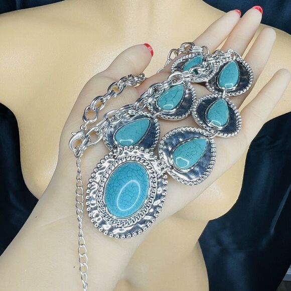 Bib Statement Hammered Style Silver Faux Turquoise Y Necklace PRETTY 4063 - Picture 6 of 10